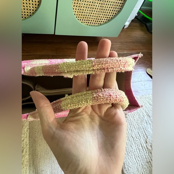 Sandro Paris Large Pink Cream Kasbah Tan Gold Check Gingham Tote Bag EUC $450 - Picture 4 of 11